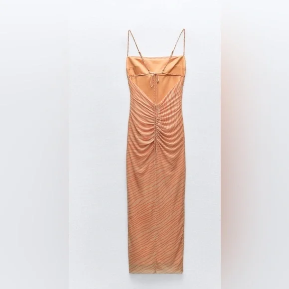 Zara Draped printed orange tulle Elegant Peach Spaghetti Strap Dress XL NWT - Picture 15 of 16